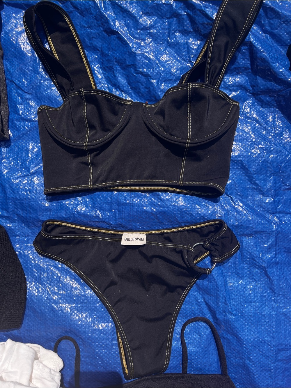 Free People Black Bikini Set with Gold Stitching